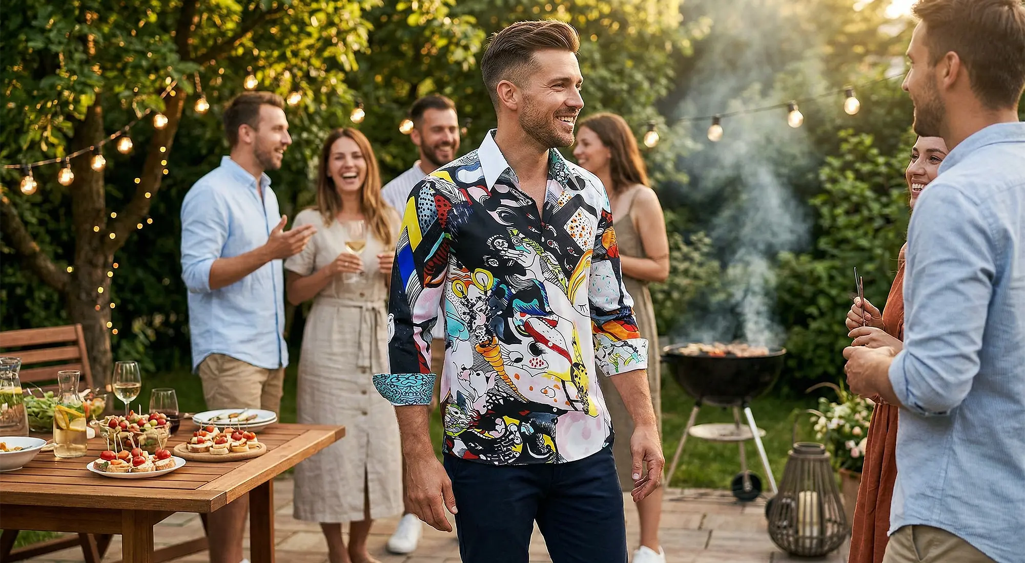 Ein junger Mann um die 30 Jahre trägt bei einer Gartenparty das coole GERMENS Hemd JING JONG