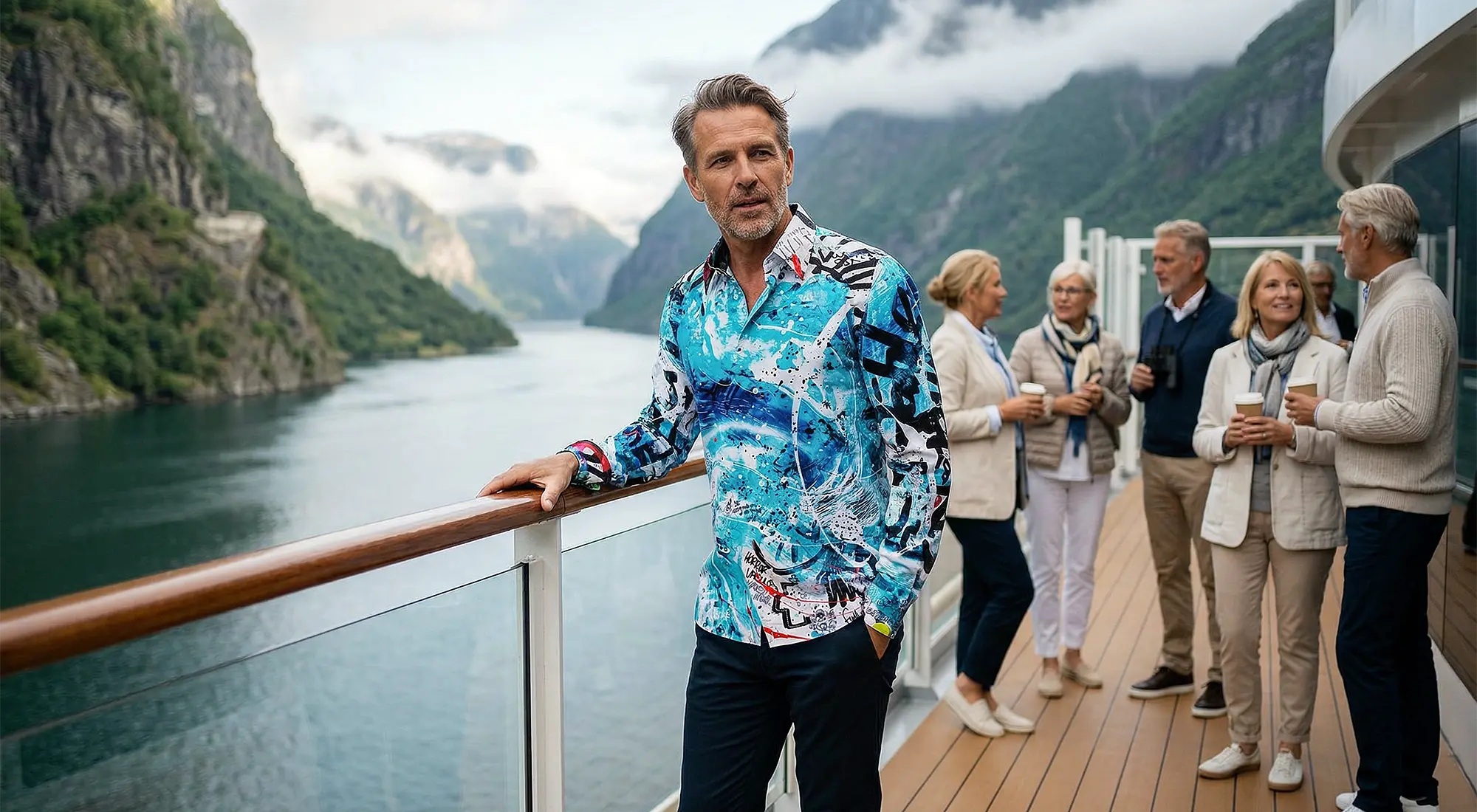 Ein Mann um die 50 befindet sich auf einem Kreuzfahrtschiff in den Fjorden Norwegens und trägt das GERMENS Hemd DAS WUNDER BIST DU