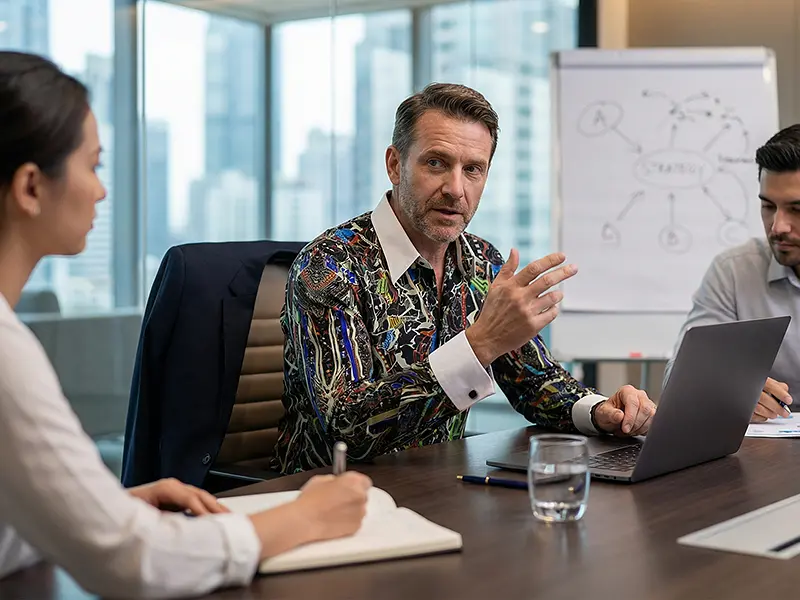 Office/Meeting – Corporate-Look ohne Uniform, das GERMENS Hemd RINDENHEMD wirkt souverän.