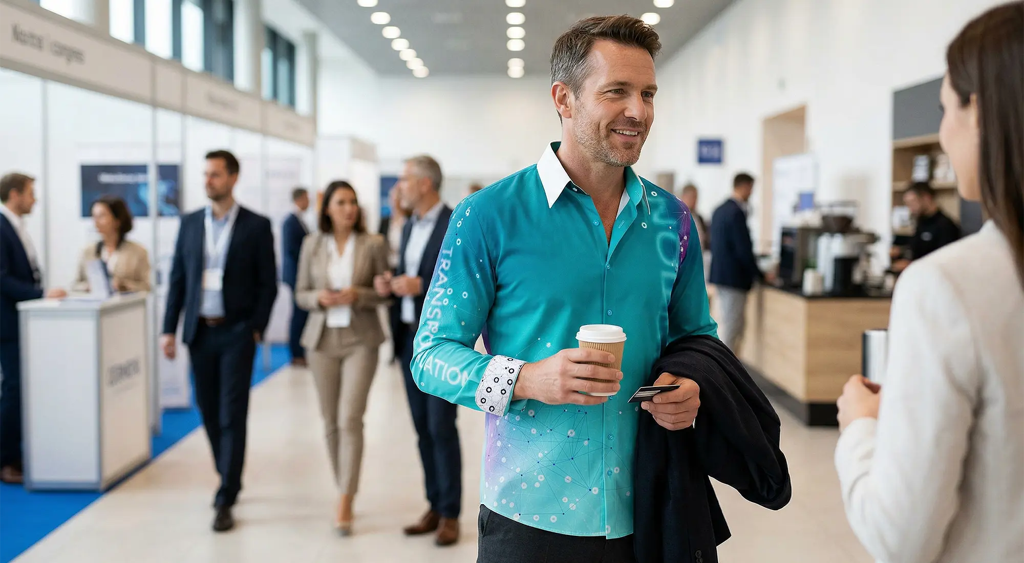 Ein Mitarbeiter eines Unternehmens ist auf einer Fachmesse und trägt das GERMENS Hemd EVOLUTION. Er sorgt für neugierige Blicke und es ergeben sich Gespräche auf einer unkonventionellen Art und Weise.