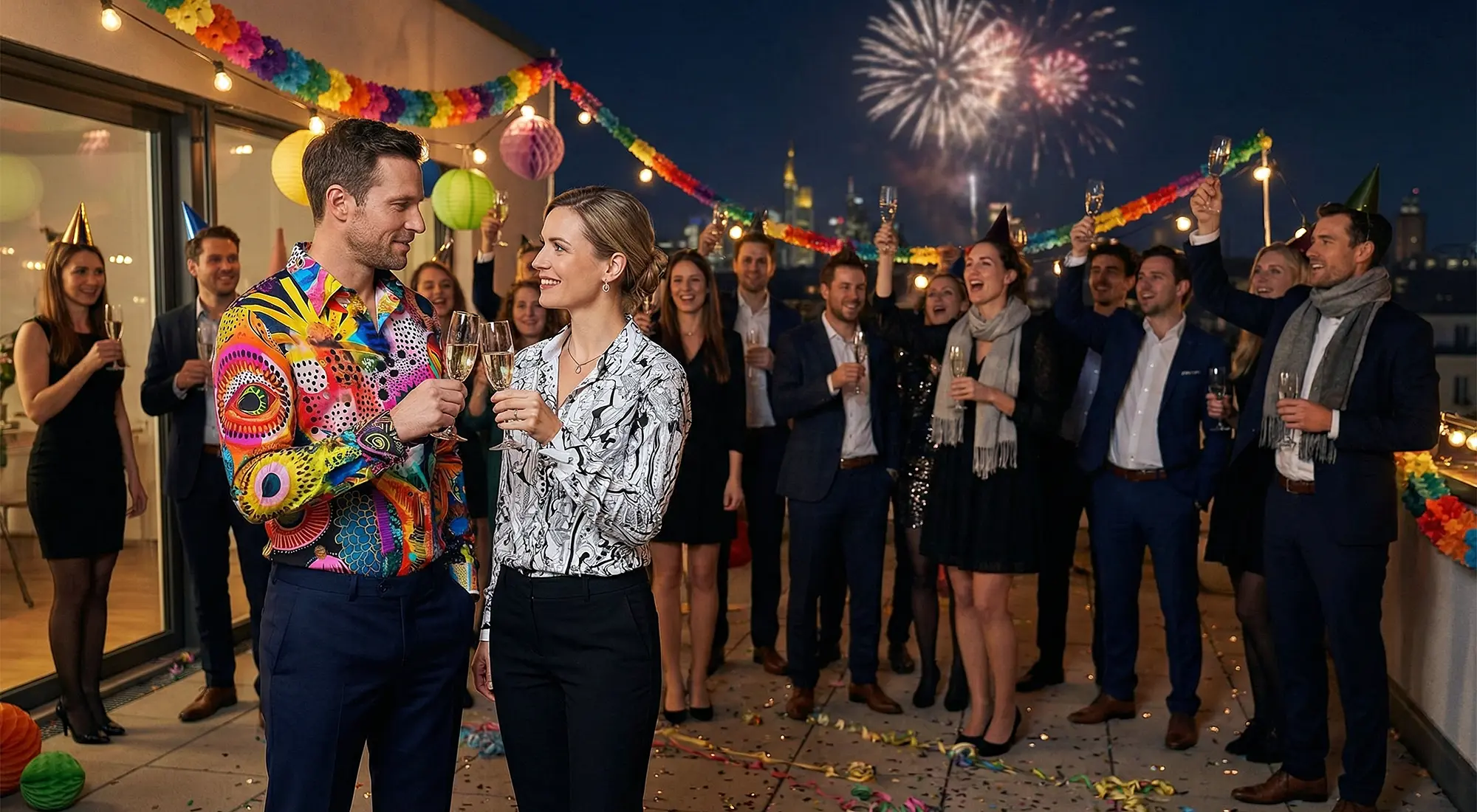 Zur Silvesterparty feiern Gäste auf einer Dachterasse. Ein Mann trägt ein buntes Hemd ZIRPA und die Frau trägt die schwarz weiße Bluse GREYTRAIN