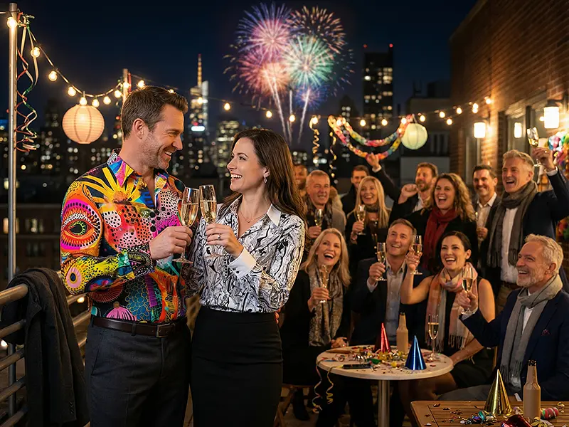 Silvesterparty – bunt ins neue Jahr, das GERMENS Hemd ZIRPA sorgt für einen auffälligen Feierlook.