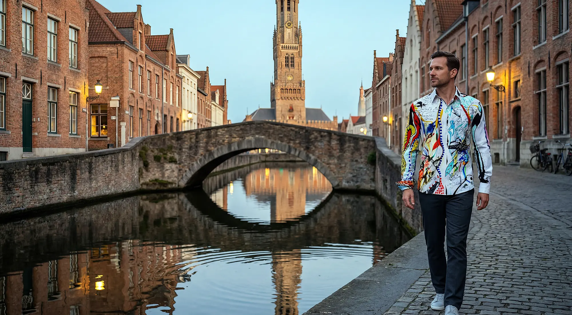 Ein Mann im bunten GERMENS Hemd PARADIES in der belgischen Stadt Brügge