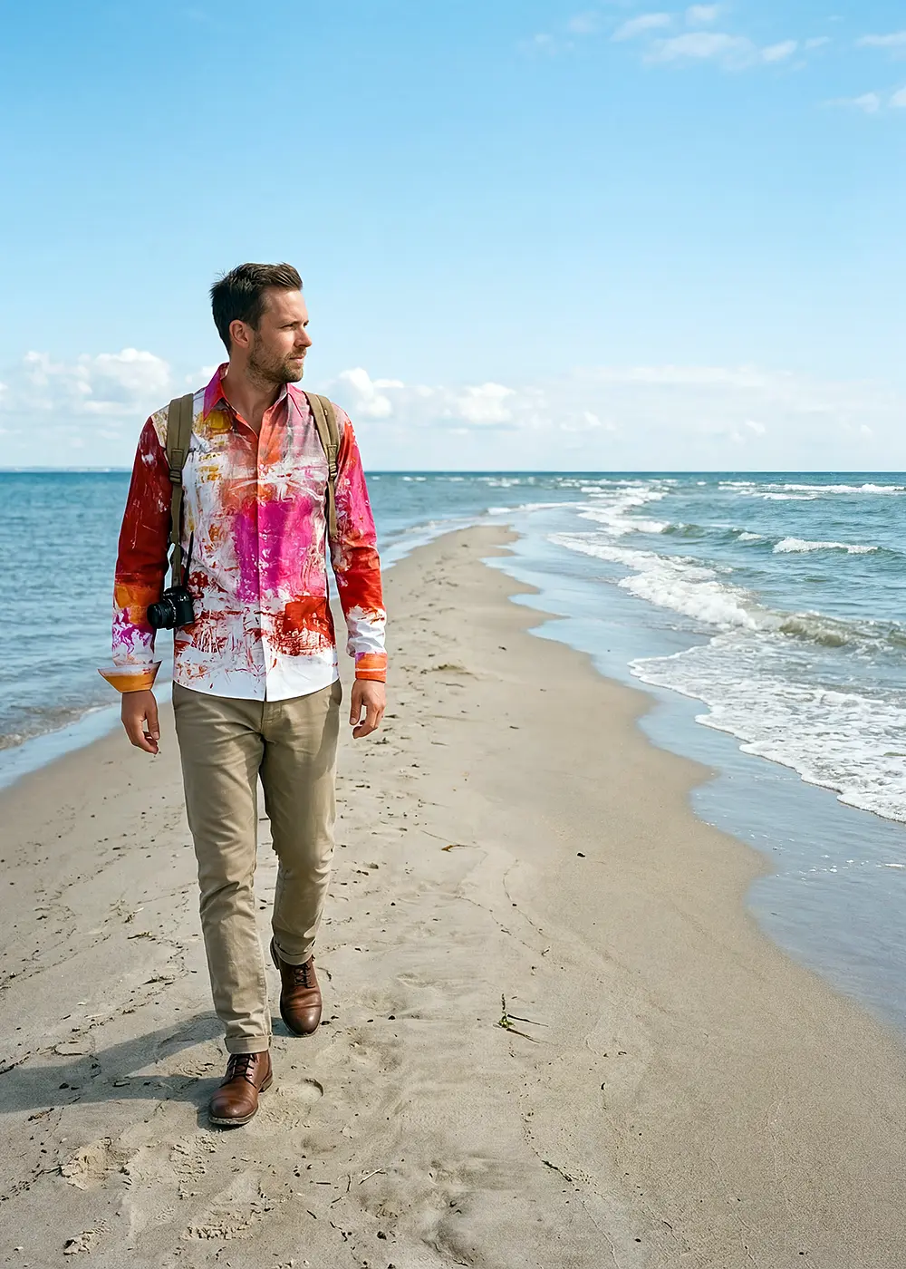 Ein Mann spaziert am Strand von Skagen. Er trägt das rosafarbene Hemd VERVE SAPHIR von GERMENS.