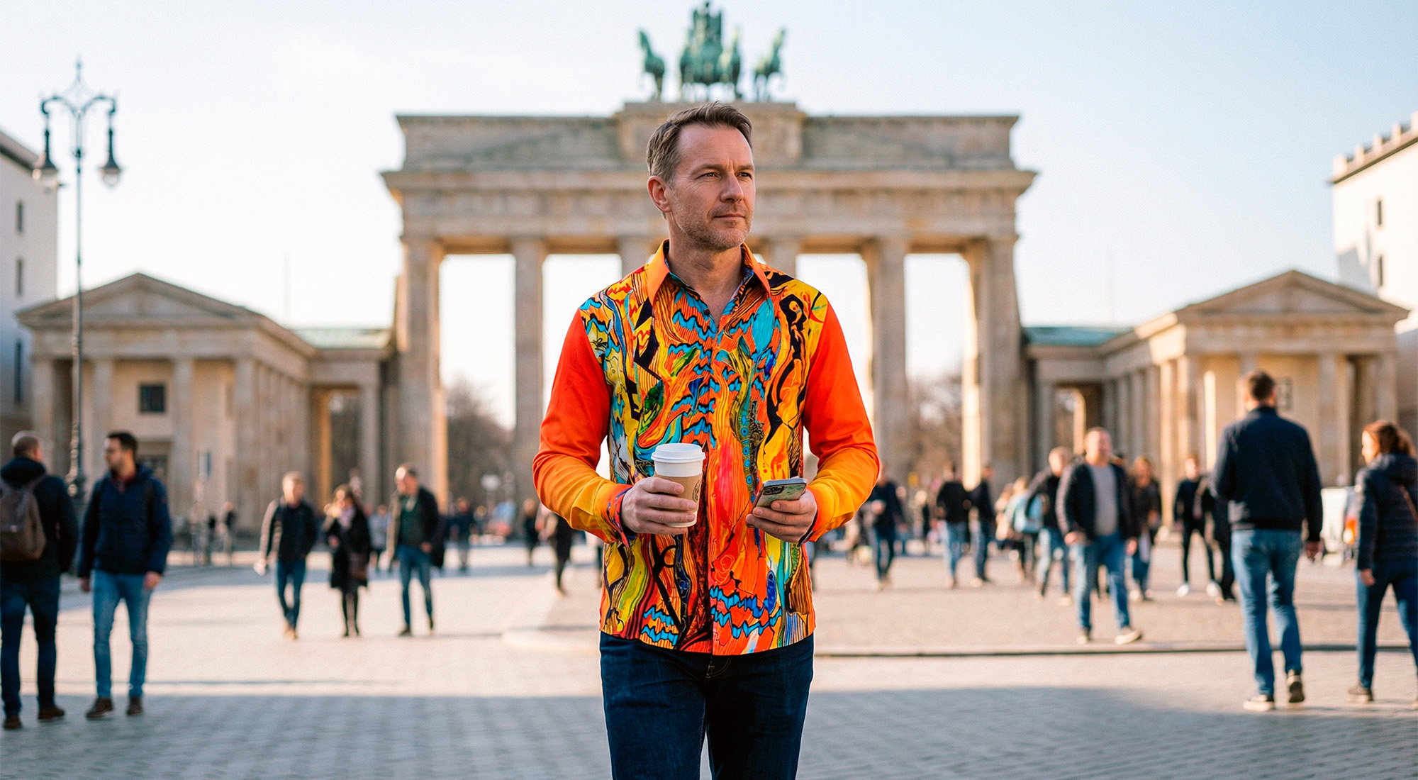 Mann im bunten GERMENS Hemd NIGHTSUN vor dem Brandenburger Tor in Berlin
