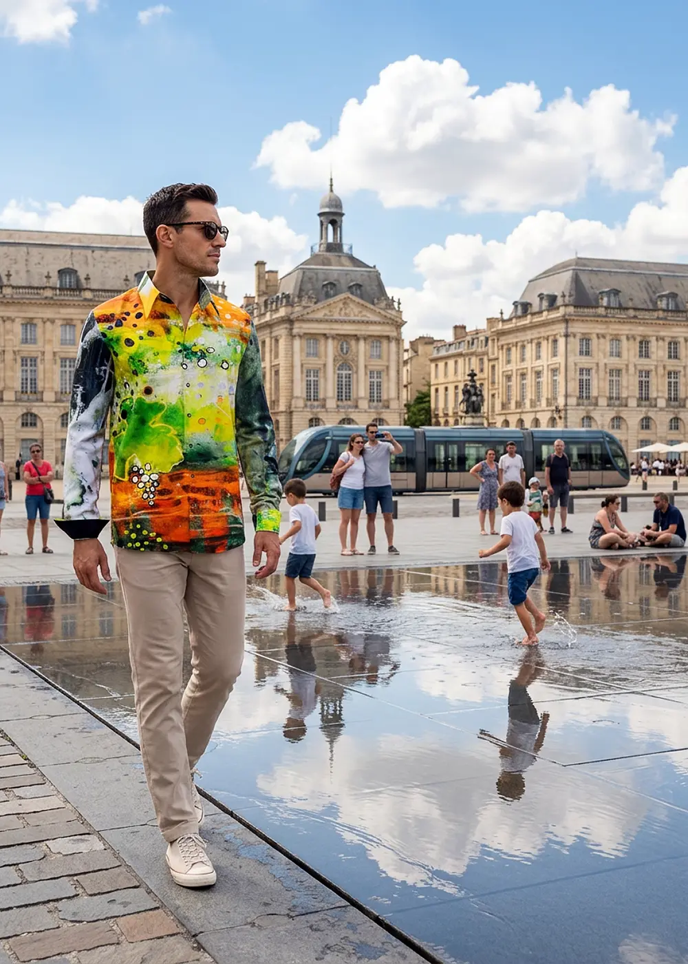Ein Tourist läuft durch die französische Stadt Bordeaux und trägt das bunte Hemd AUSLESE von GERMENS. Das Hemd zeigt Weintrauben und Blätter in künstlerische Darstellung.
