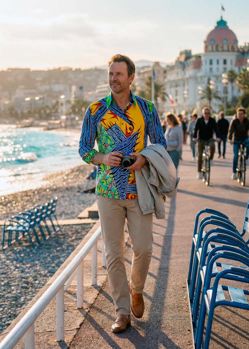 Ein Tourist unterwegs in Nizza. Er trägt das bunte GERMENS Hemd IRIX.