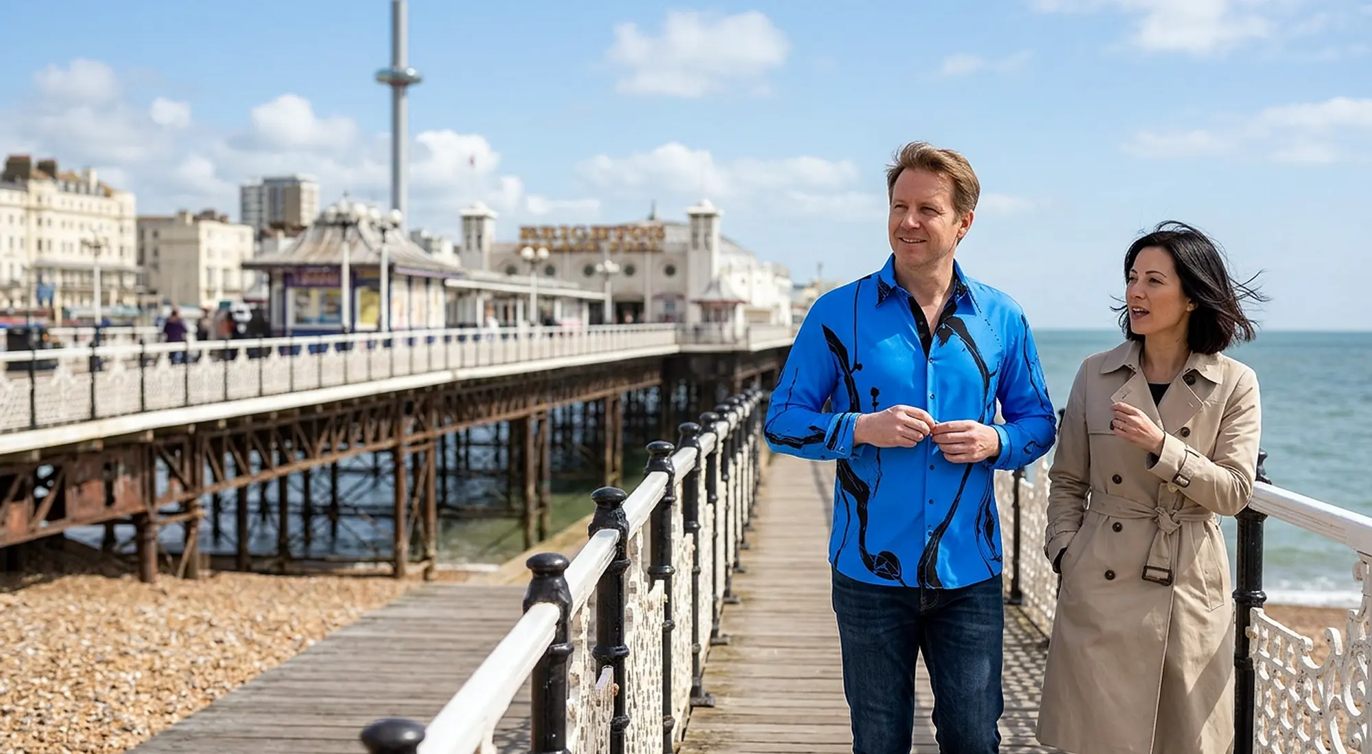 Ein Ehepaar ist zu Besuch in Brighton am Strand. Der Mann trägt das blaue GERMENS Hemd LEBENSADER MARINE.