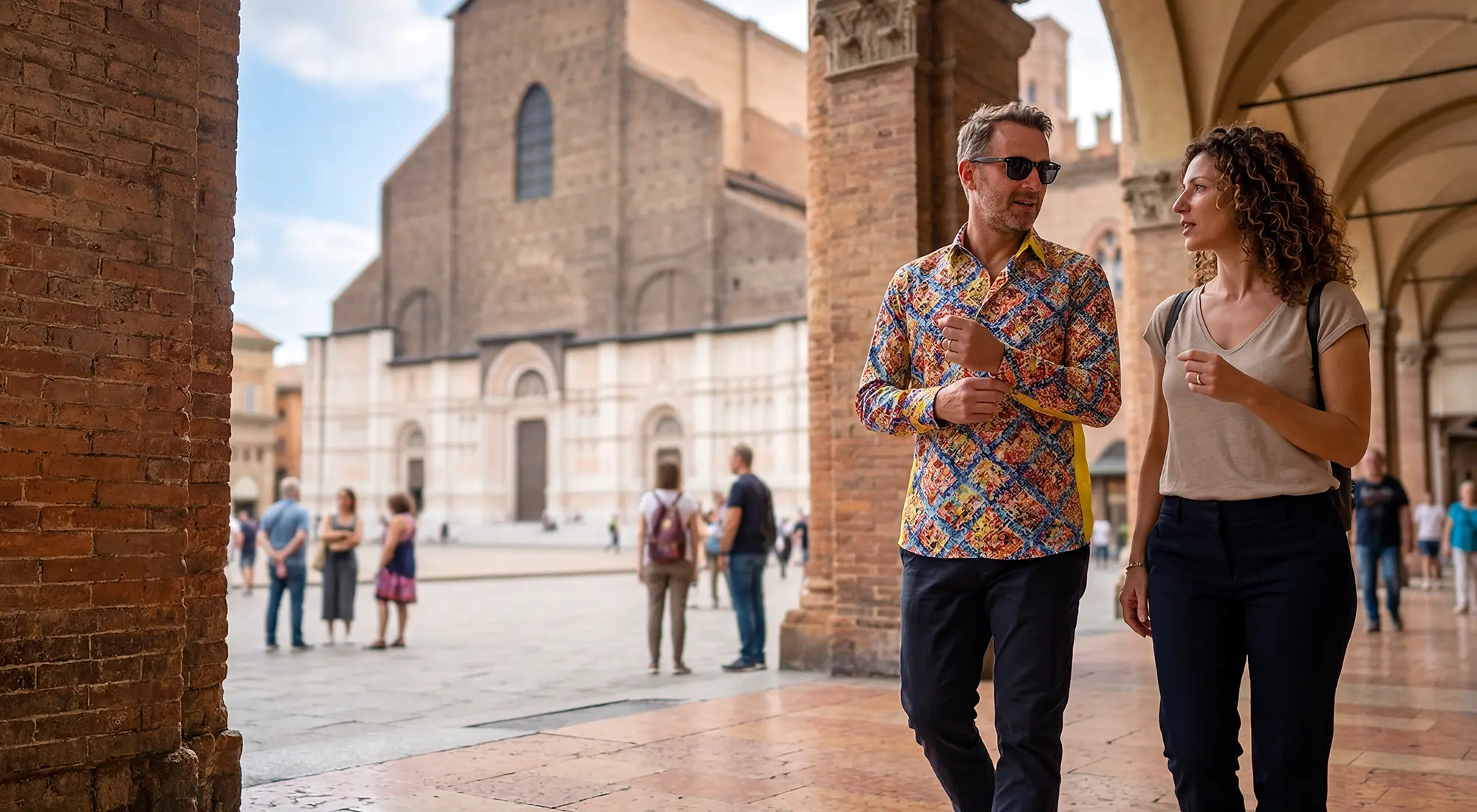 Ein Ehepaar besucht im Urlaub die italienische Stadt Bologna. Der mann trägt das bunte Hemd MIROUGE SUMMER von GERMENS.