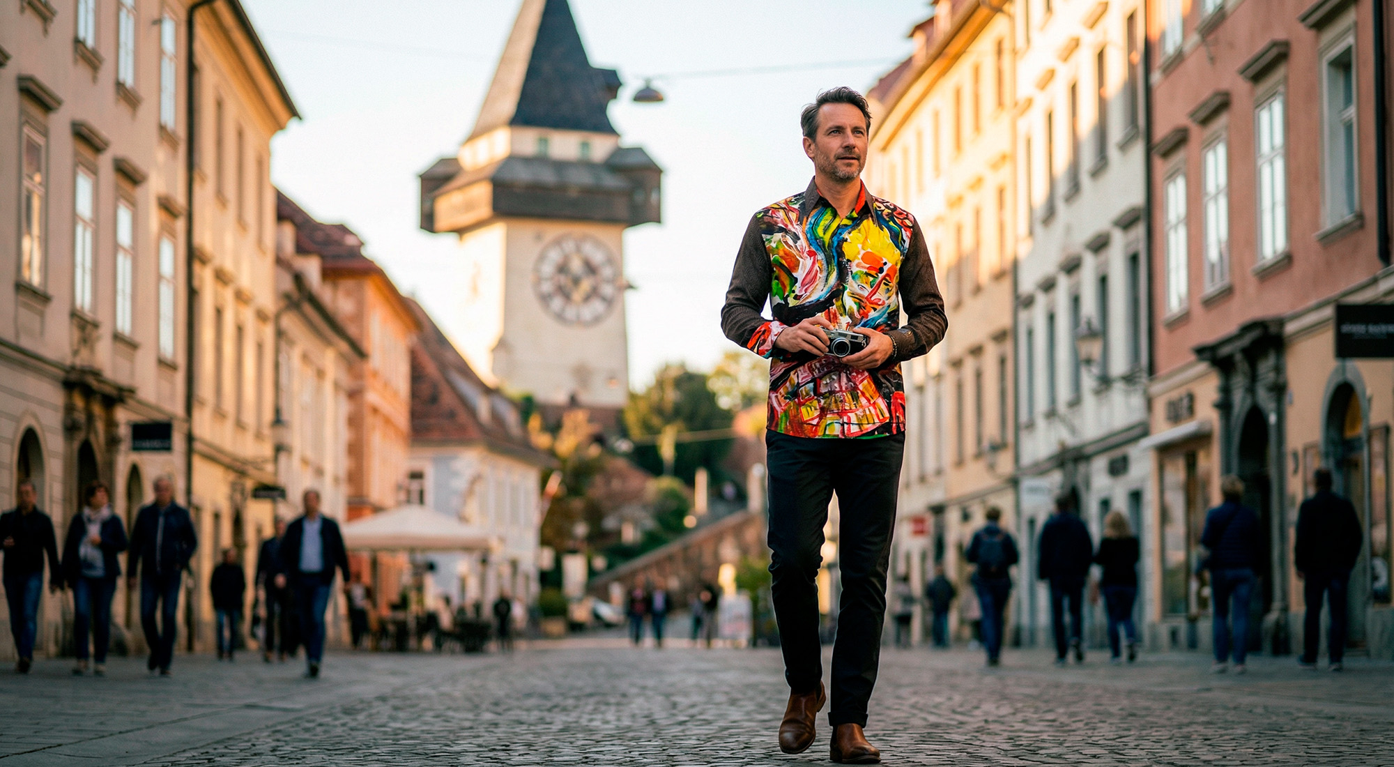 Ein Mann läuft durch die Stadt Graz und trägt das auffällige Hemd MEMENTO MASKARA von GERMENS.