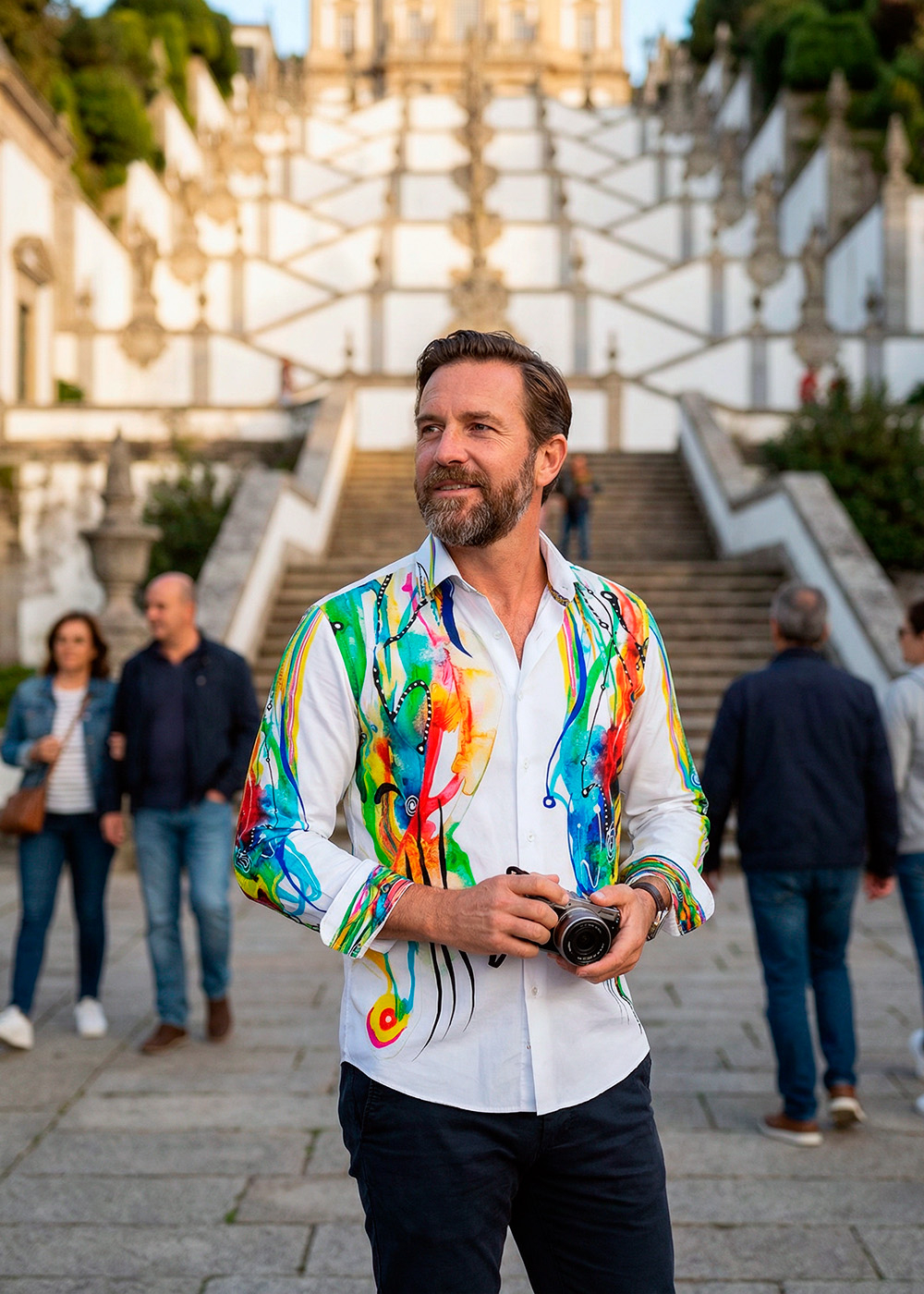 Ein Tourist hält eine Kamera und steht vor einer Treppe in der portugiesischen Stadt von Braga. Er trägt das weiße CINGA DAY Hemd von Germens
