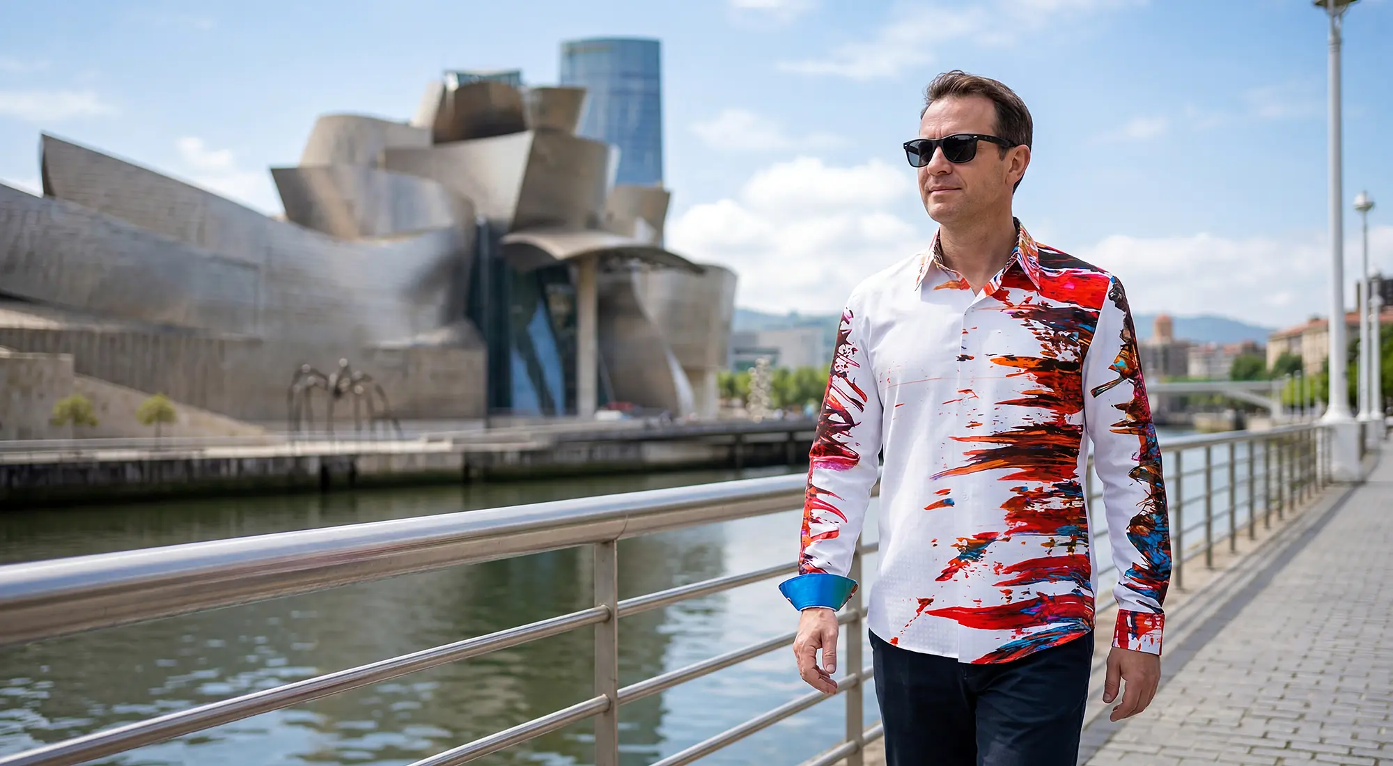 Ein Tourist besucht die spanische Stadt Bilbao. Er trägt das GERMENS hemd INTERFERENCE. Im Hintergrund ist das Guggenheim-Museum Bilbao zu sehen.
