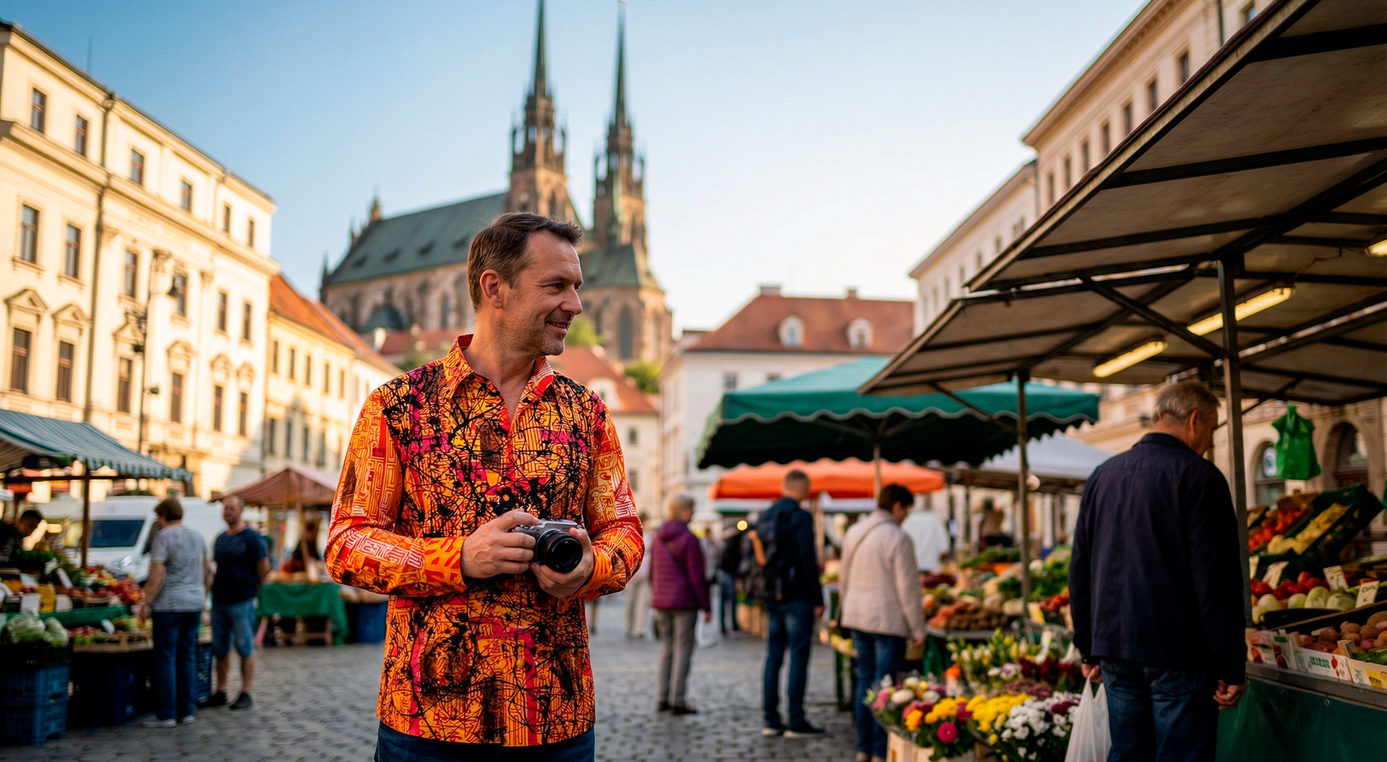 Ein Mann trägt das orange rote GERMENS Hemd SOUVENIR und spaziert durch die tschechische Stadt Brünn.