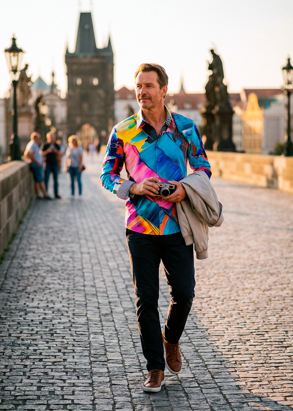 Ein Mann läuft über die Karlsbrücke in Prag und trägt das bunte GERMENS Hemd GEDANKENFARBEN.
