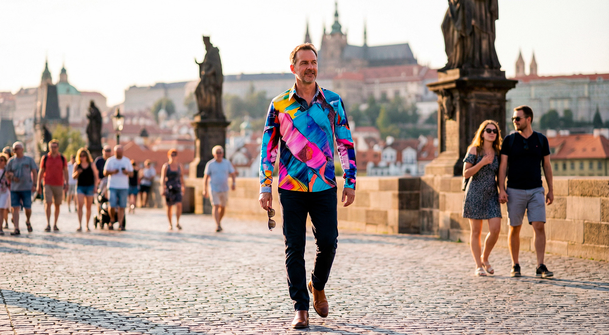 Ein Mann läuft über die Karlsbrücke in Prag und trägt das bunte GERMENS Hemd GEDANKENFARBEN.