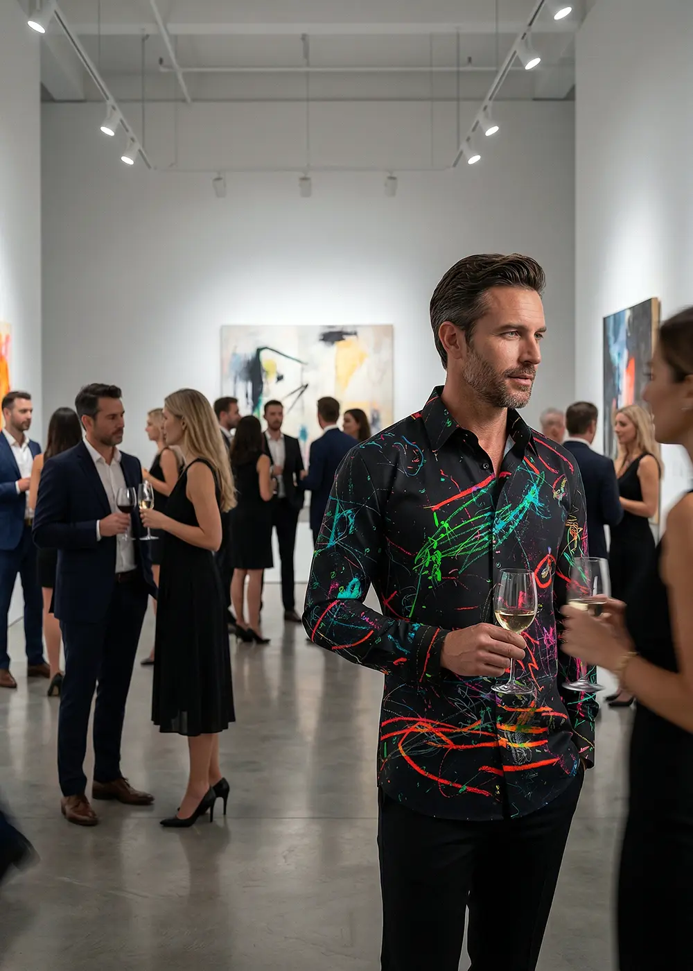 Ein Mann unterhält sich mit einer Frau während einer Kunstvernissage in einem Museum. Der Mann trägt das dunkle Hemd RINGELKRINGEL IN DER NACHT