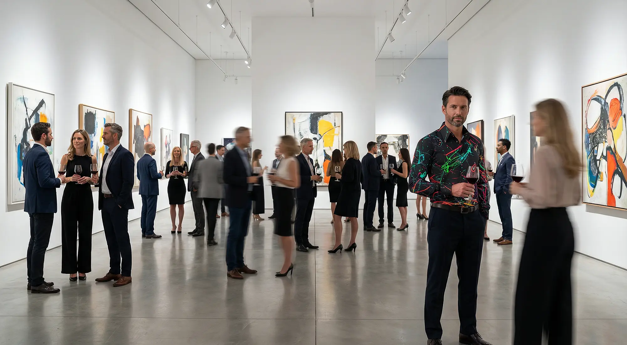 Ein Mann unterhält sich mit einer Frau während einer Kunstvernissage in einem Museum. Der Mann trägt das dunkle Hemd RINGELKRINGEL IN DER NACHT