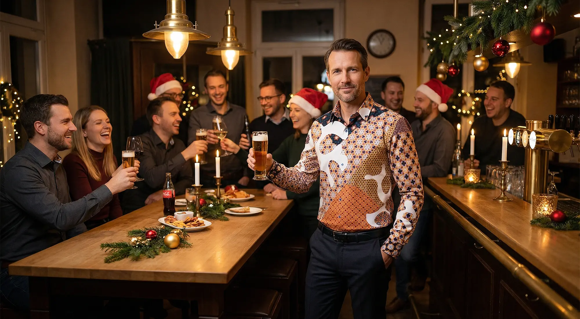 Während einer Weihnachtsfeier trinkt ein Mann ein Bier und trägt das Hemd SOL ORIENS