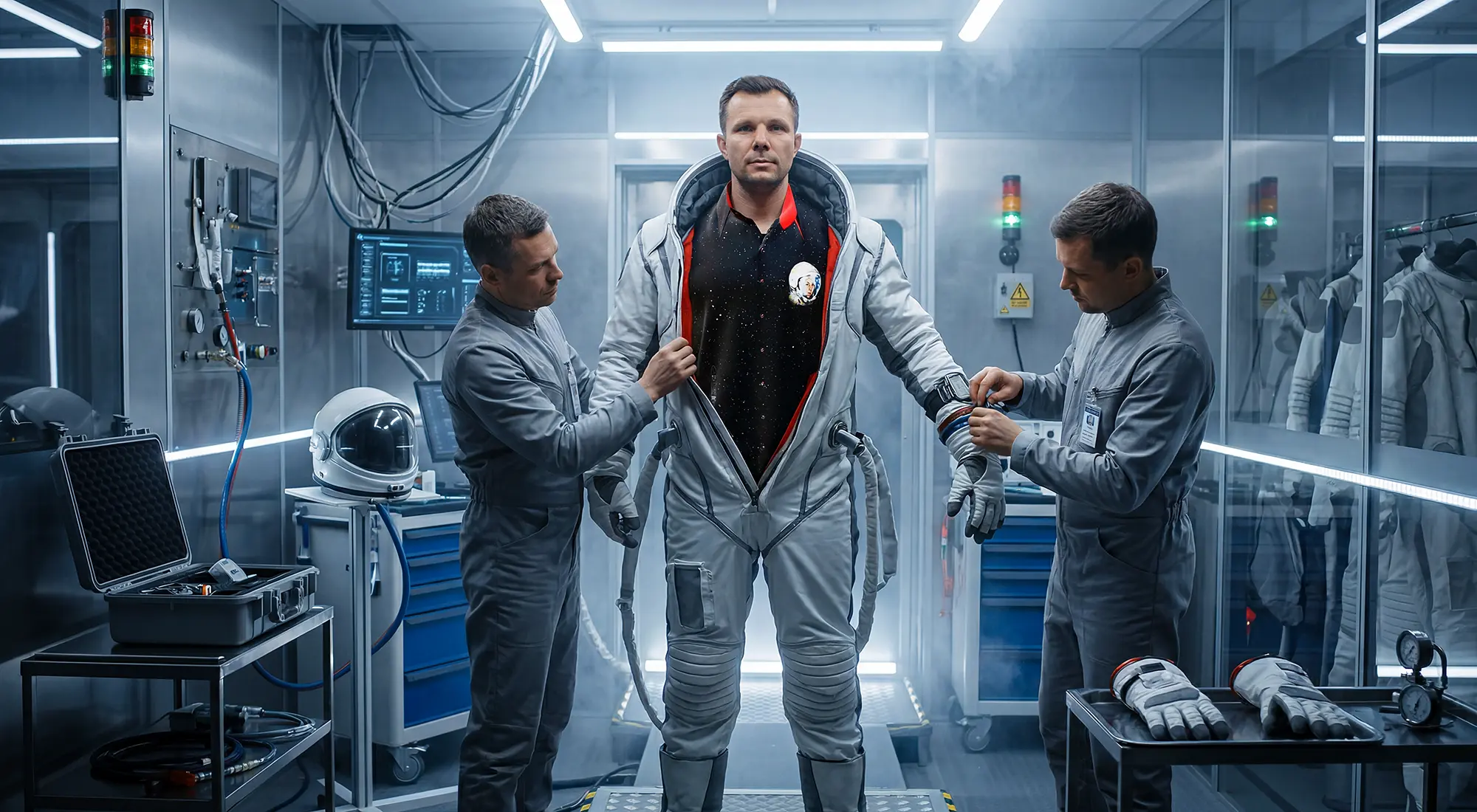 Ein Weltraumtourist wird mit dem Raumanzug angekleidet. Darunter trägt er das GERMENS Hemd JURI GAGARIN, dem ersten Mensch im All.