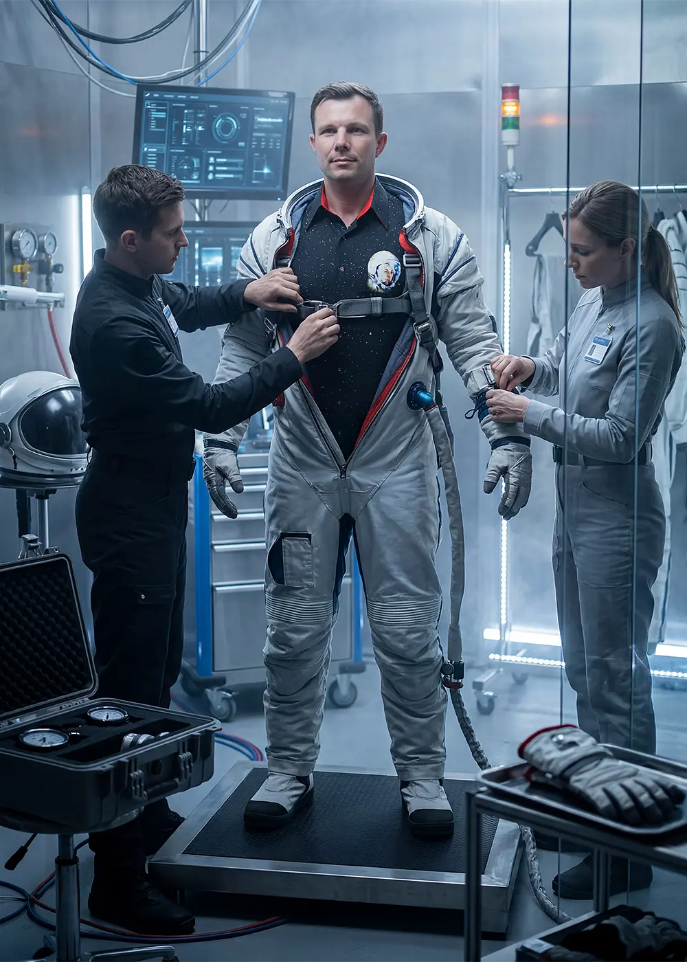 Ein Weltraumtourist wird mit dem Raumanzug angekleidet. Darunter trägt er das GERMENS Hemd JURI GAGARIN, dem ersten Mensch im All.