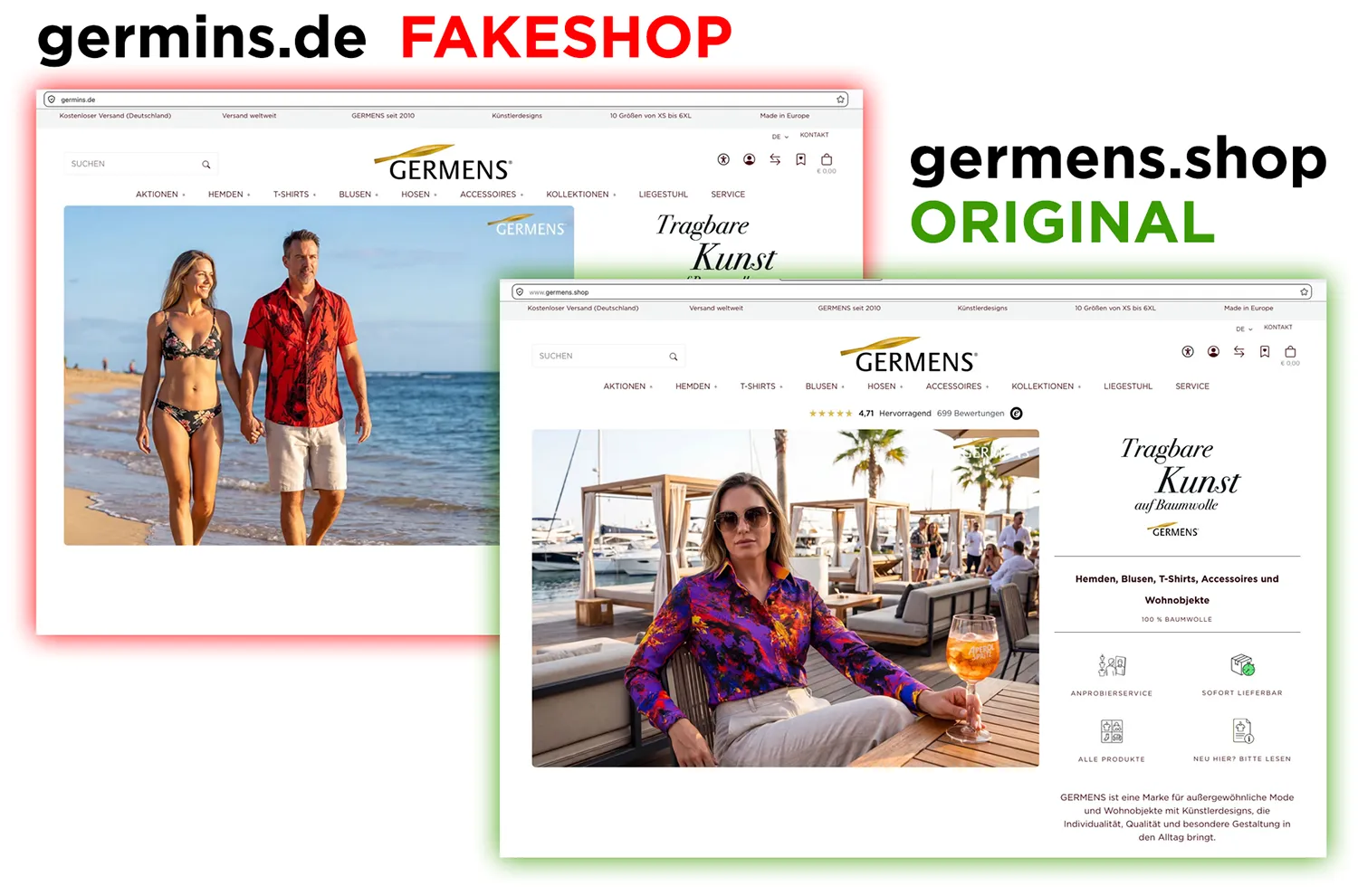 Gegenüberstellung Startseite des Fakeshops germins.de und Startseite des Origoinalshops germens.shop