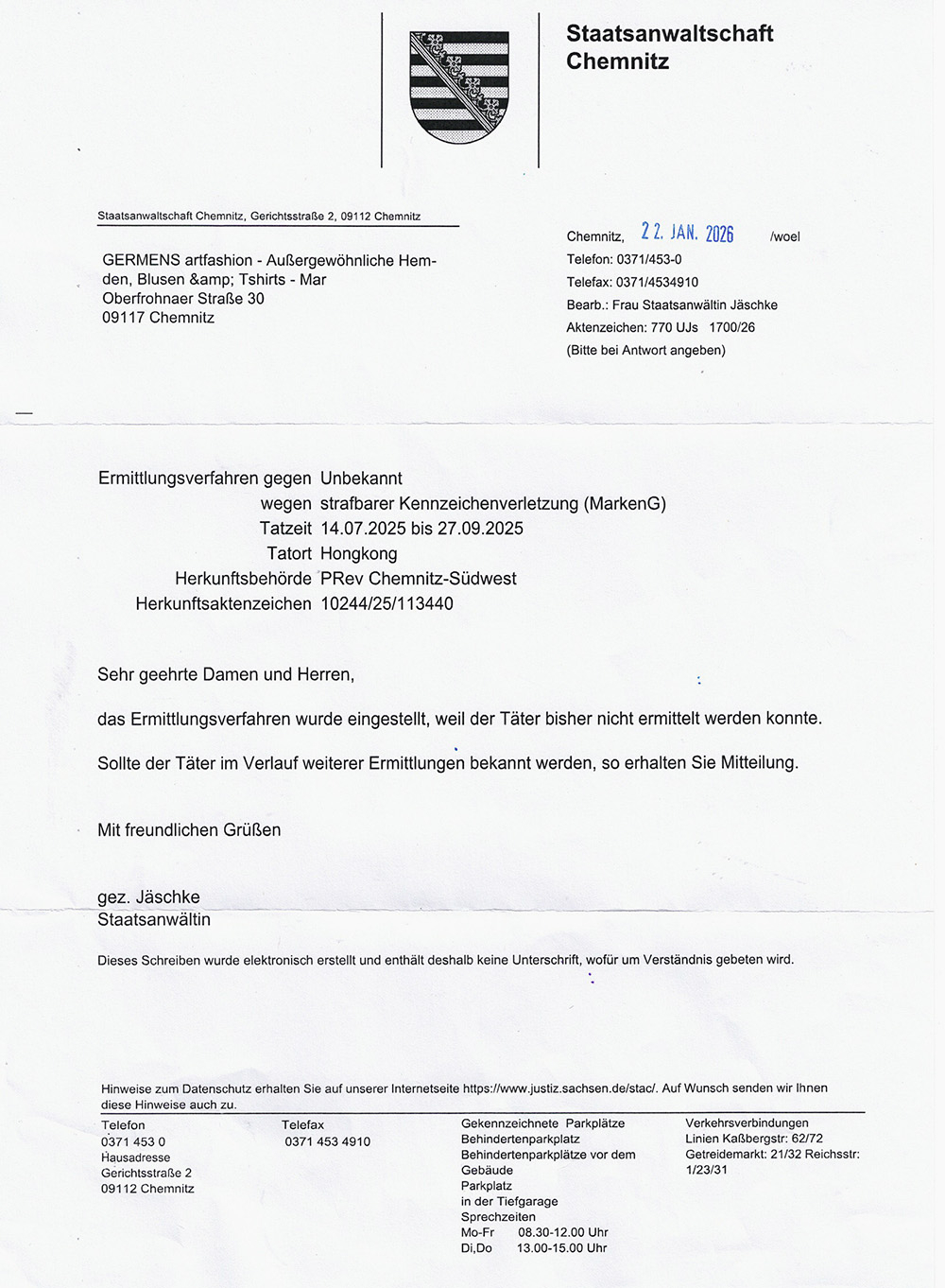 Schreiben der Staatsanwaltschaft Chemnitz vom 22.01.2026