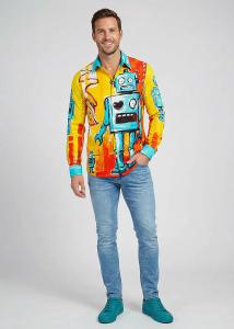 Descubre las coloridas camisas de botones para hombre RETRO ROBOT -...