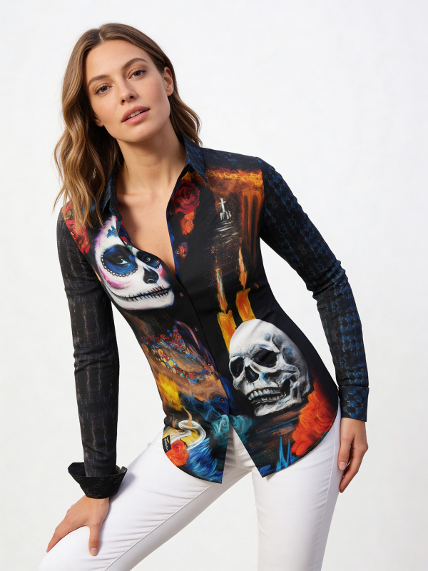 ausgefallene Damenbluse für Damen - DIA DE LOS MUERTES - 100 % Baumwolle - GERMENS artfashion - Größen XS bis 3XL