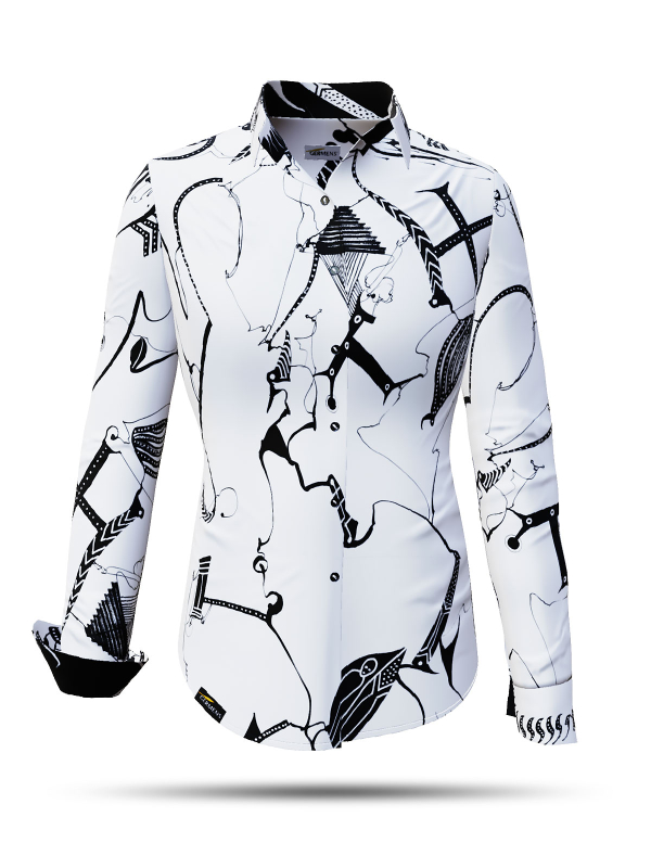 Schwarz-weiße Damenbluse SIGNAL X mit grafischen Zeichen – 100 % Baumwolle – GERMENS artfashion – Größen XS bis 3XL