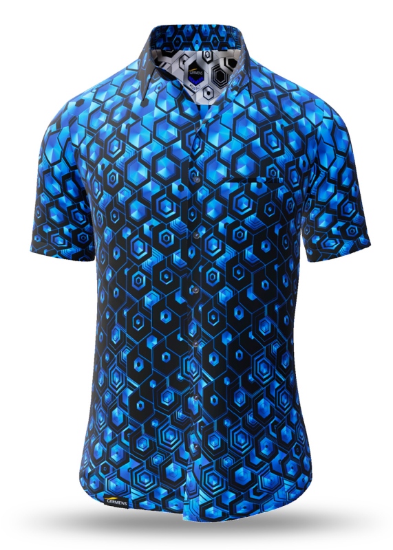 Sommerhemd Herren HEXAGON KOBALT - 100 % Baumwolle - 10 Größen von XS - 6XL - außergewöhnliches Design - feinste Verarbeitung - Stoffe Made in Germany - limitiert und exklusiv