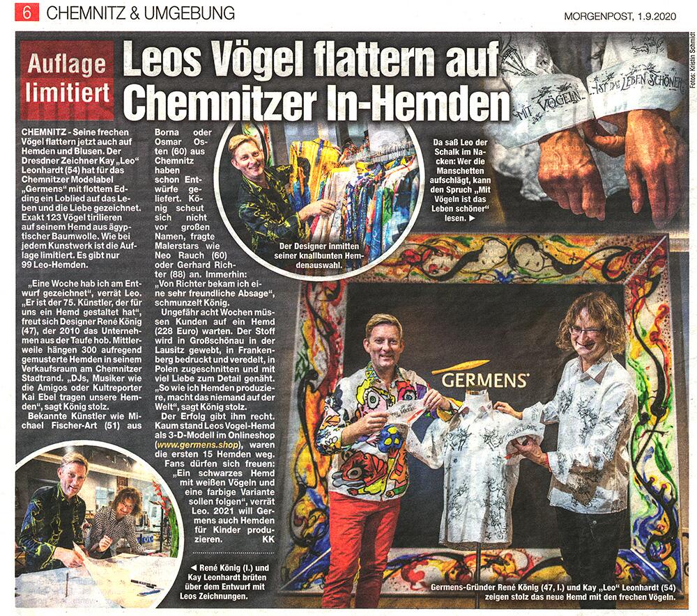 Die Morgenpost Dresden und Chemnitz berichtet im Jahr 2020 über die Kooperation von GERMENS und dem Künstler Kay Leo Leonhardt