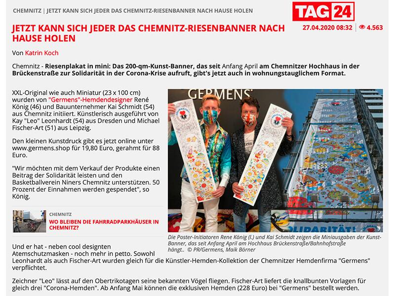 TAG24 berichtet über ein GERMENS Kunstwerk als Riesenbanner mit den beiden Künstlern Kay Leo Leonhard und Michael Fischer-Art