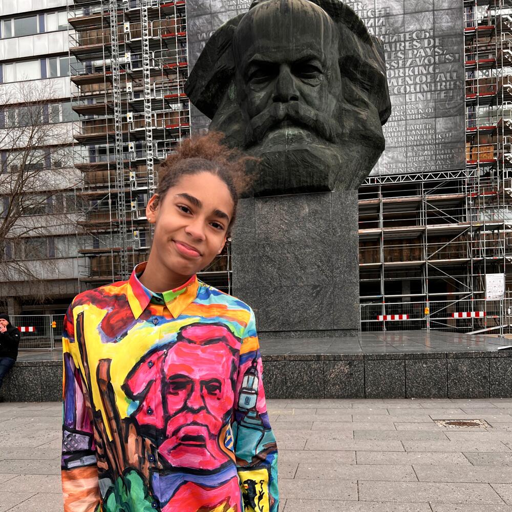European Capital of Culture 2025 - The Karl Marx Monument and Nayara in a Chemnitz shirt