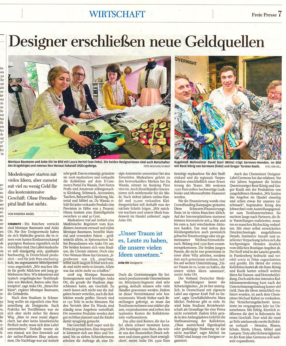 Freie Presse Zeitung Chemnitz berichtet über verschiedene Modemarken - Pfingsten 2015