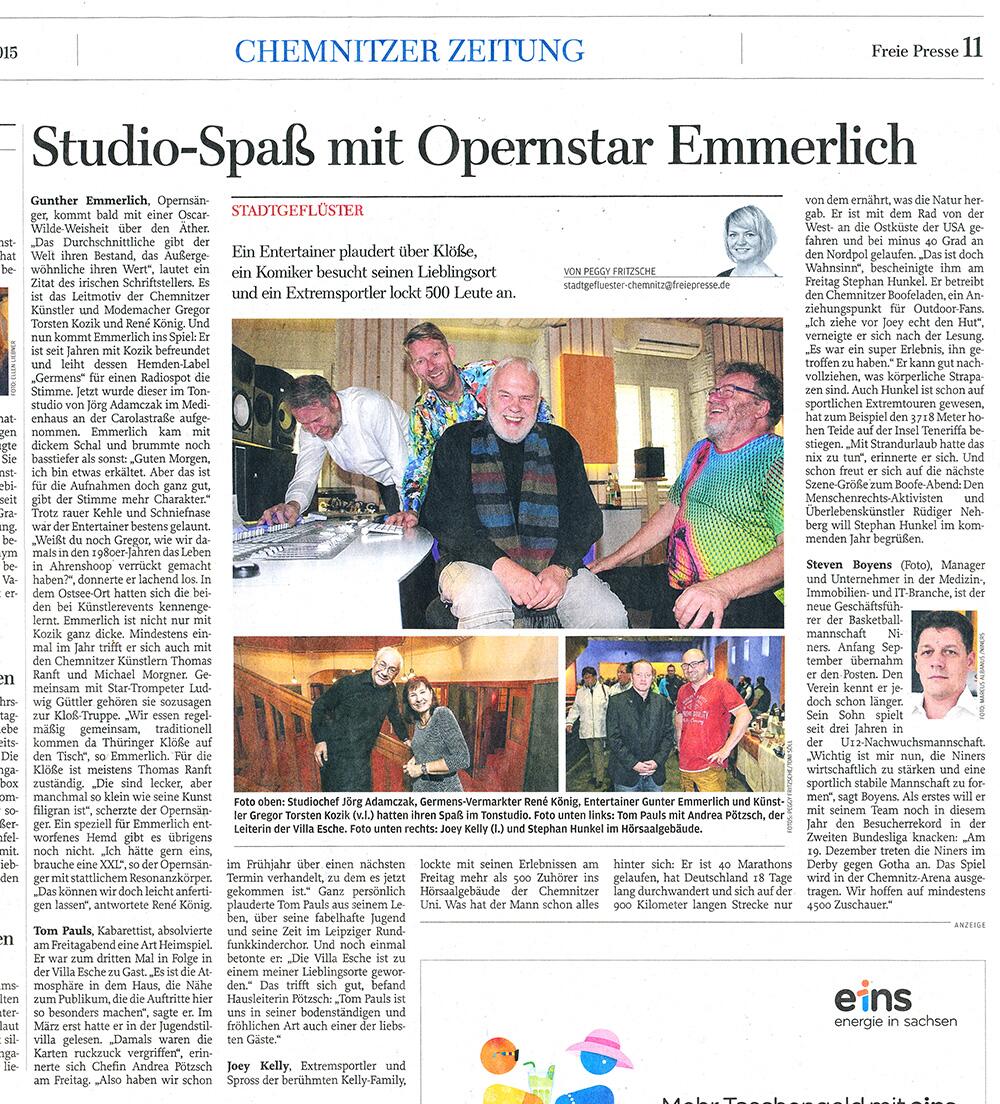 Freie Presse Chemnitz berichtet über die Zusammenarbeit mit Opernstar Gunter Emmerlich und GERMENS - 19. Oktober 2015