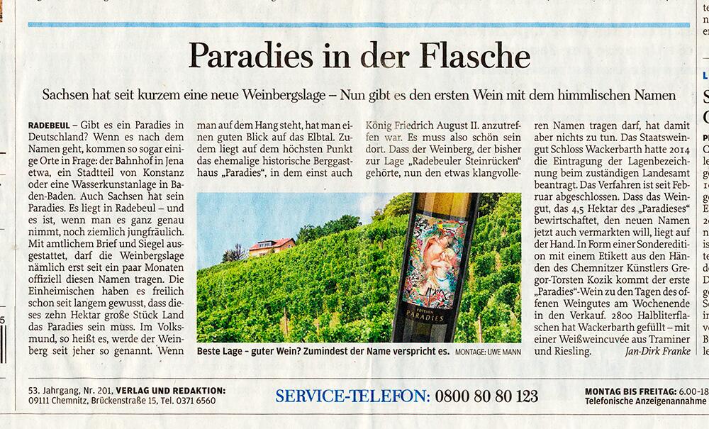Freie Presse berichtet über das Weingut Schloss Wackerbarth mit einem Flaschenetikett von GERMENS - 29. August 2015