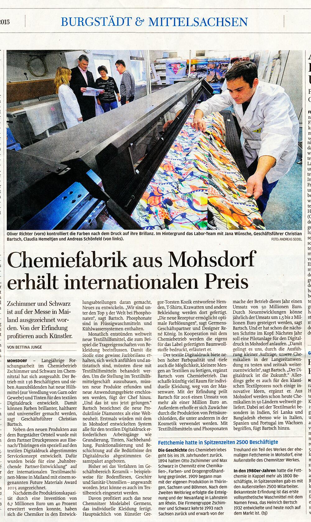 Freie Presse berichtet über die Chemiefabrik Zschimmer & Schwarz und GERMENS - 15. Dezember 2015