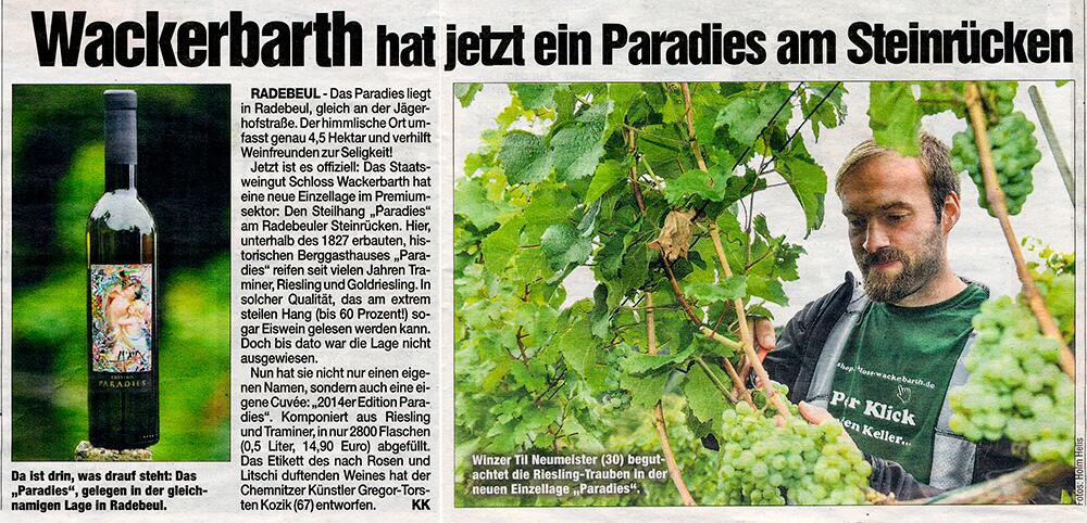Morgenpost Chemnitz berichtet über Schloss Wackerbarth udn einem Wein mit einem Flaschenetikett mit einem GERMENS Design - 29. August 2015