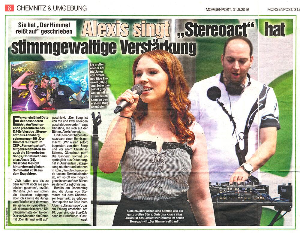 Morgenpost Chemnitz berichtet über STEREOACT und einem von GERMENS organisierten Konzert - 31. Mai 2016
