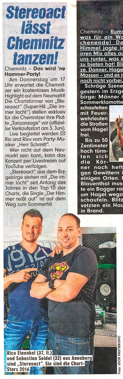 BILD Zeitung Chemnitz berichtet über STEREOACT und einem von GERMENS organisierten Konzert - 30. Mai 2016