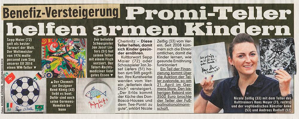BILD Zeitung Chemnitz berichtet über von Promis bemalte Teller zugunsten armer Kinder - März 2016