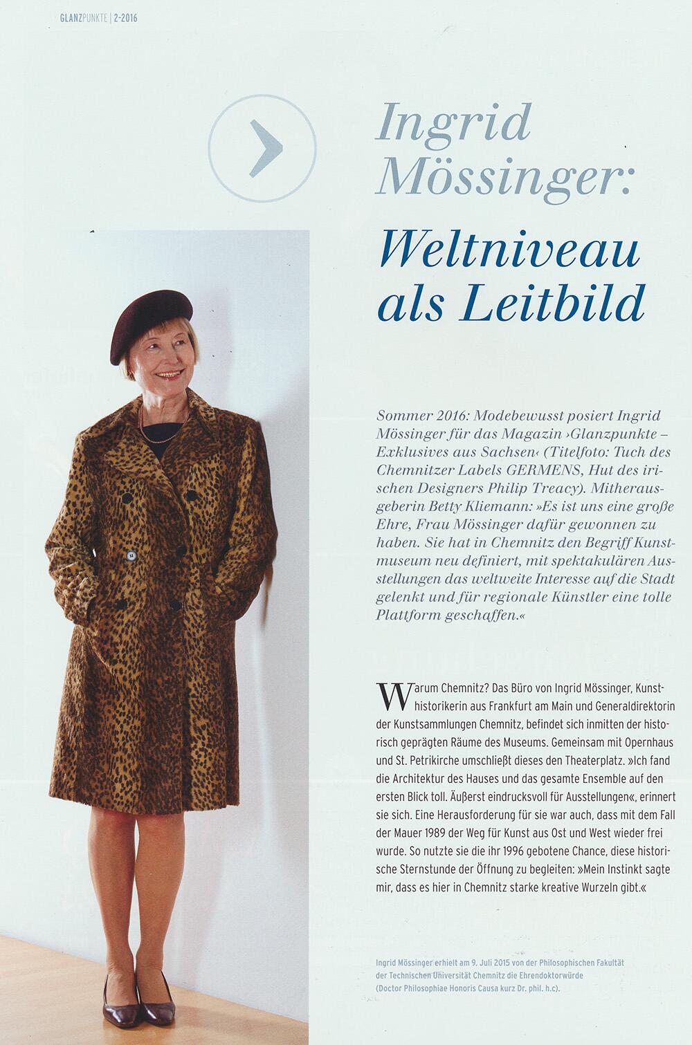 Magazin GLANZPUNKTE berichtet über Kunsthistorikerin und Generaldirektorin der Kunstsammlungen Chemnitz Ingrid Mössinger und GERMENS - Ausgabe 02 - 2016