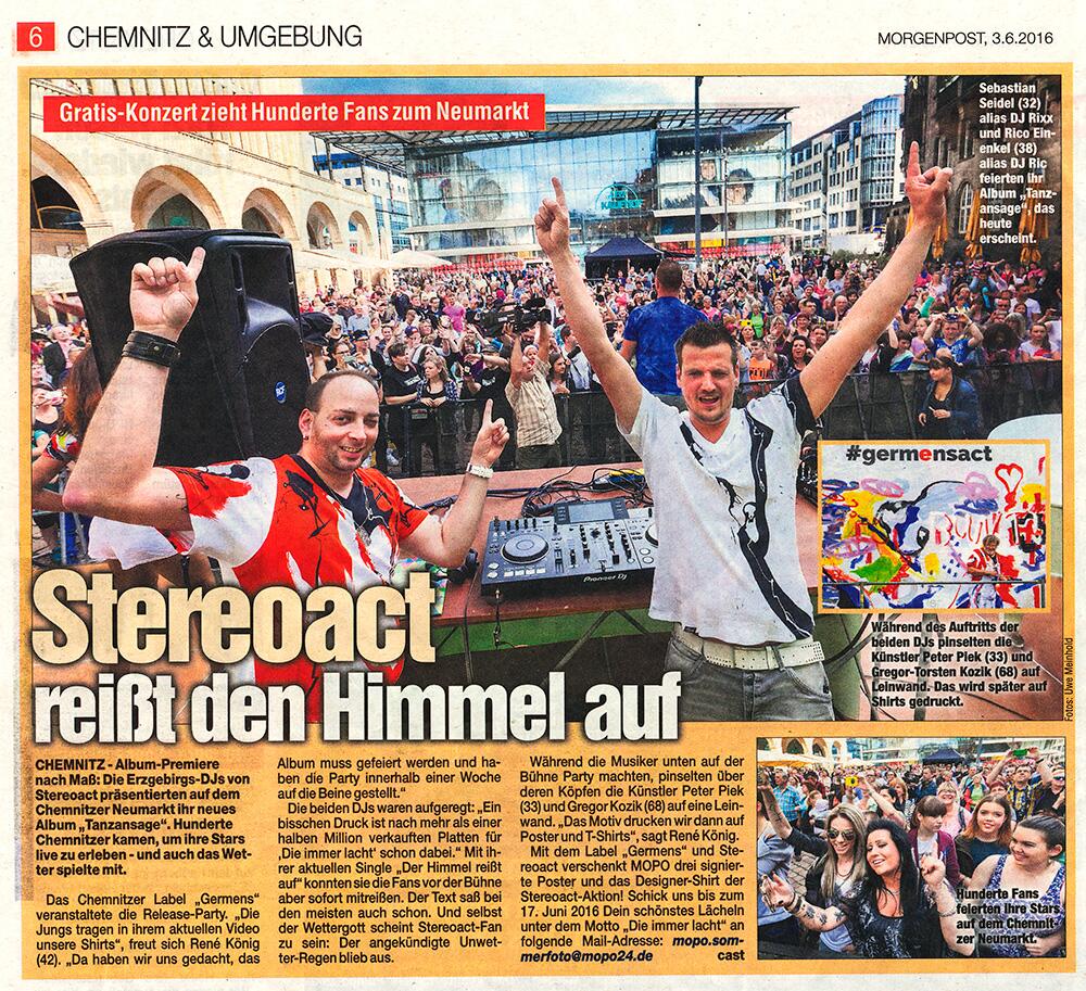 Morgenpost berichtet über das von GERMENS organisierte Konzert von STEREOACT - 3. Juni 2016