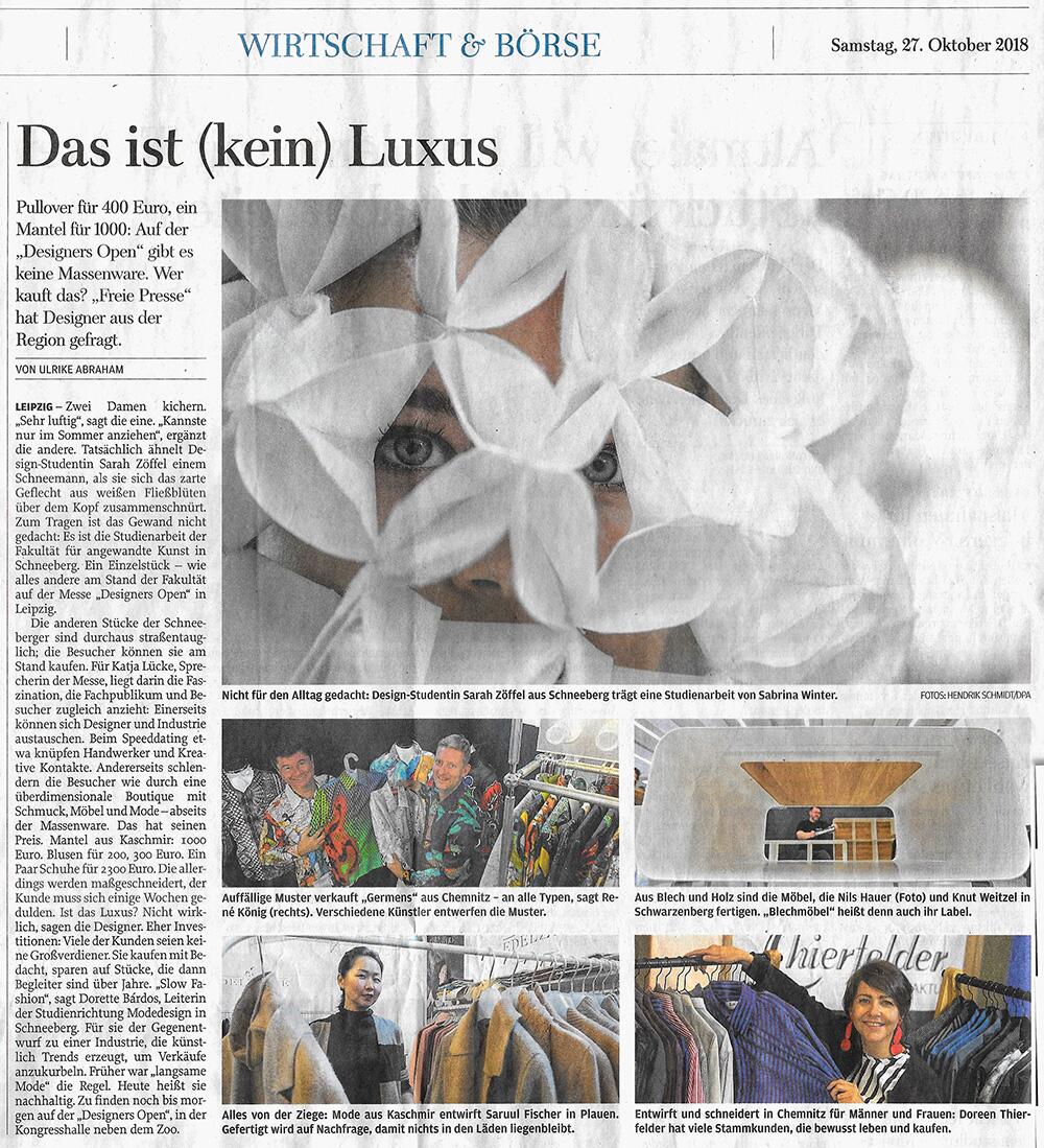 Freie Presse berichtet über GERMENS auf der Leipziger Messe Designers Open - 27.10.2018