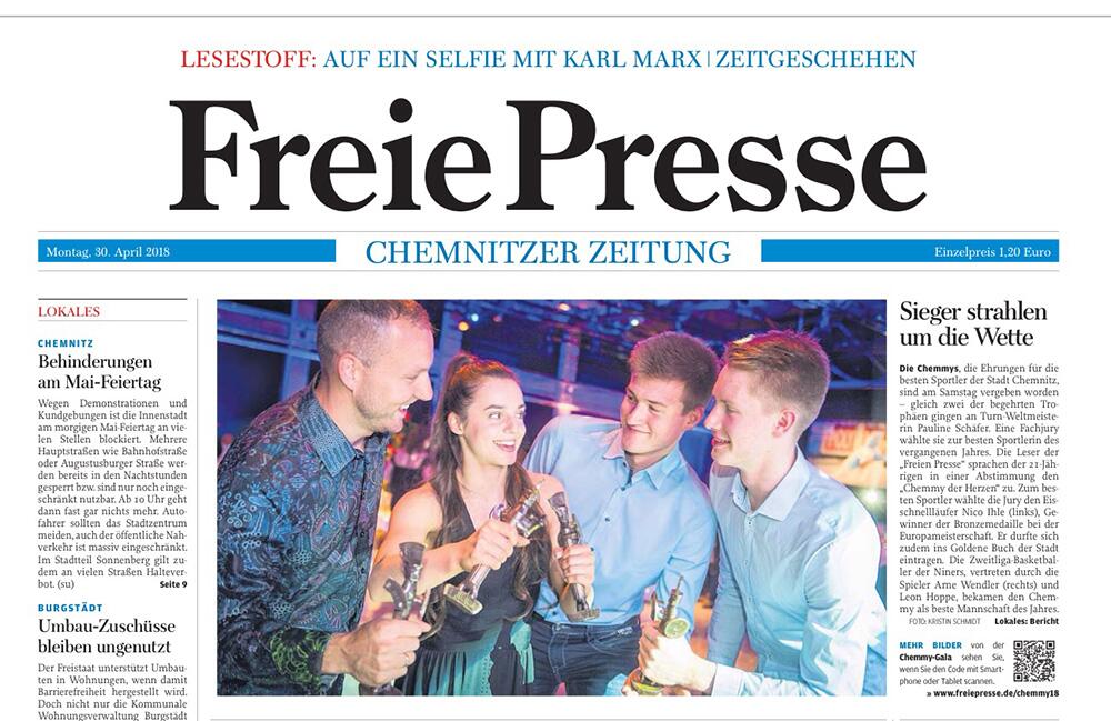 Frei Presse berichtet über den Chemmy und zeigt den Sportler Nico Ihle im GERMENS Hemd - 30. April 2018