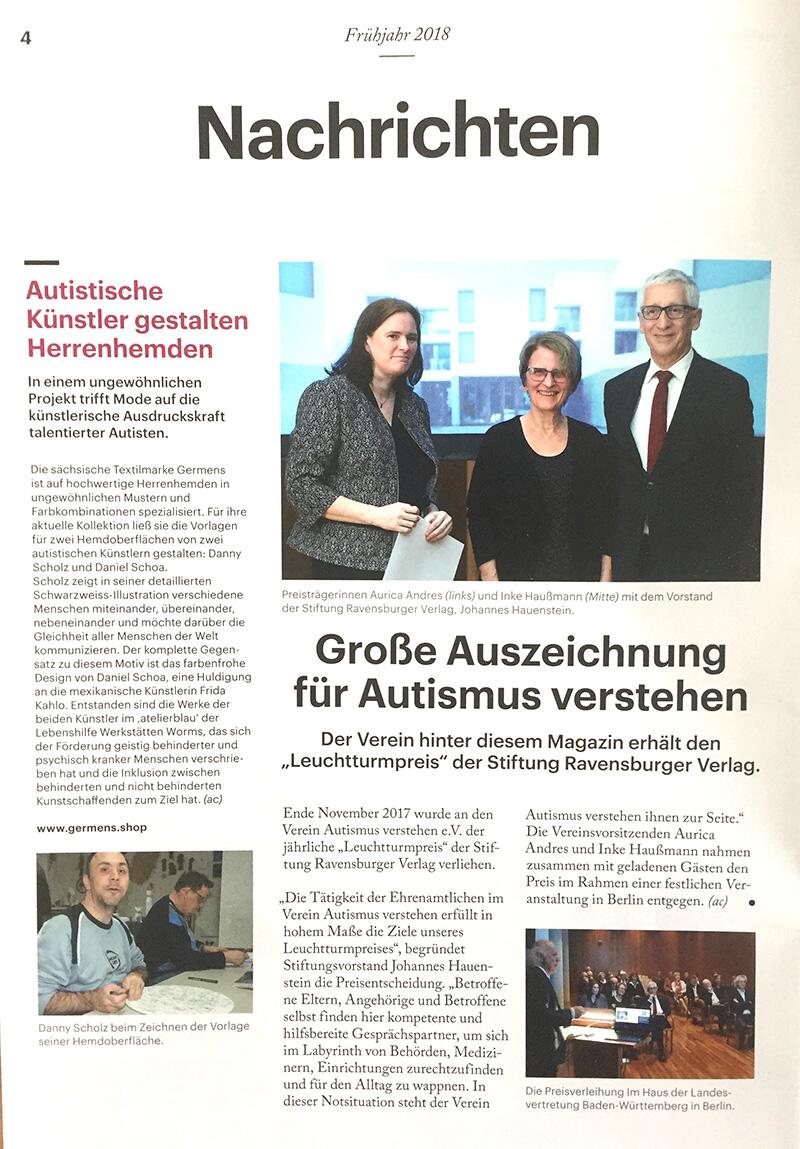 Magazin "Autismus verstehen" berichtet über GERMENS - 01-2018