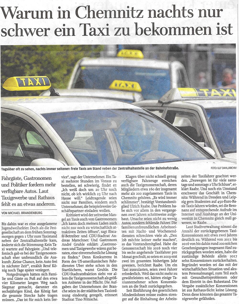 Freie Presse berichtet über unzureichendes Taxiangebot in Chemnitz angestoßen durch einen Post von René König - 14.06.2019