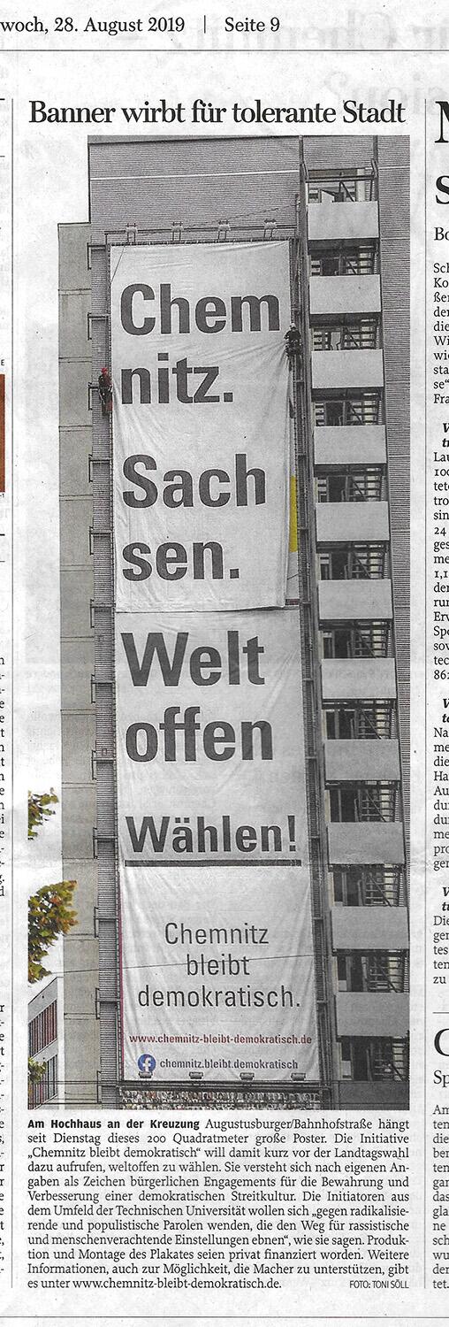 Freie Presse berichtet über politisches Megaplakat - 28.8.2019