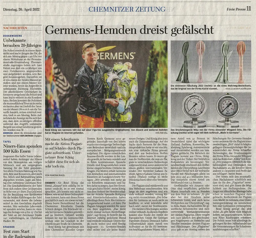 Freie Presse, 26. April 2022, Germens-Hemden dreist gefälscht