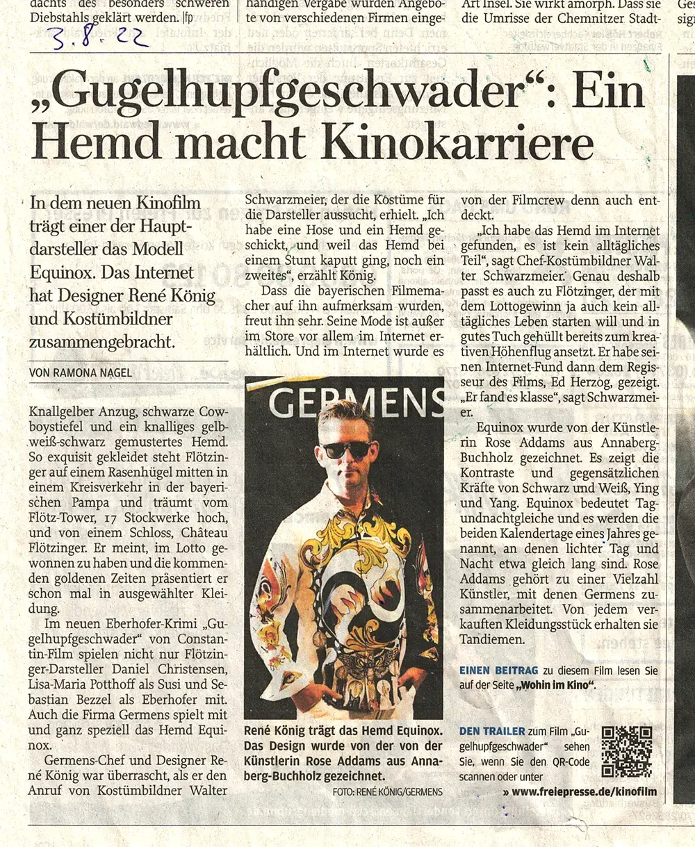 Freie Presse, 3. August 2022:  „Gugelhupfgeschwader“ – Ein Hemd macht Kinokarriere